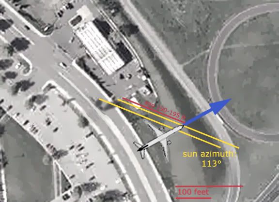 twin towers plane shadow. The plane placement here is based on the mechanical damage path, and verified by the black